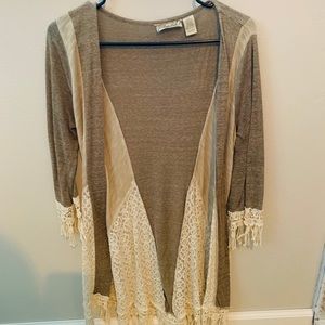 Green and tan duster sweater